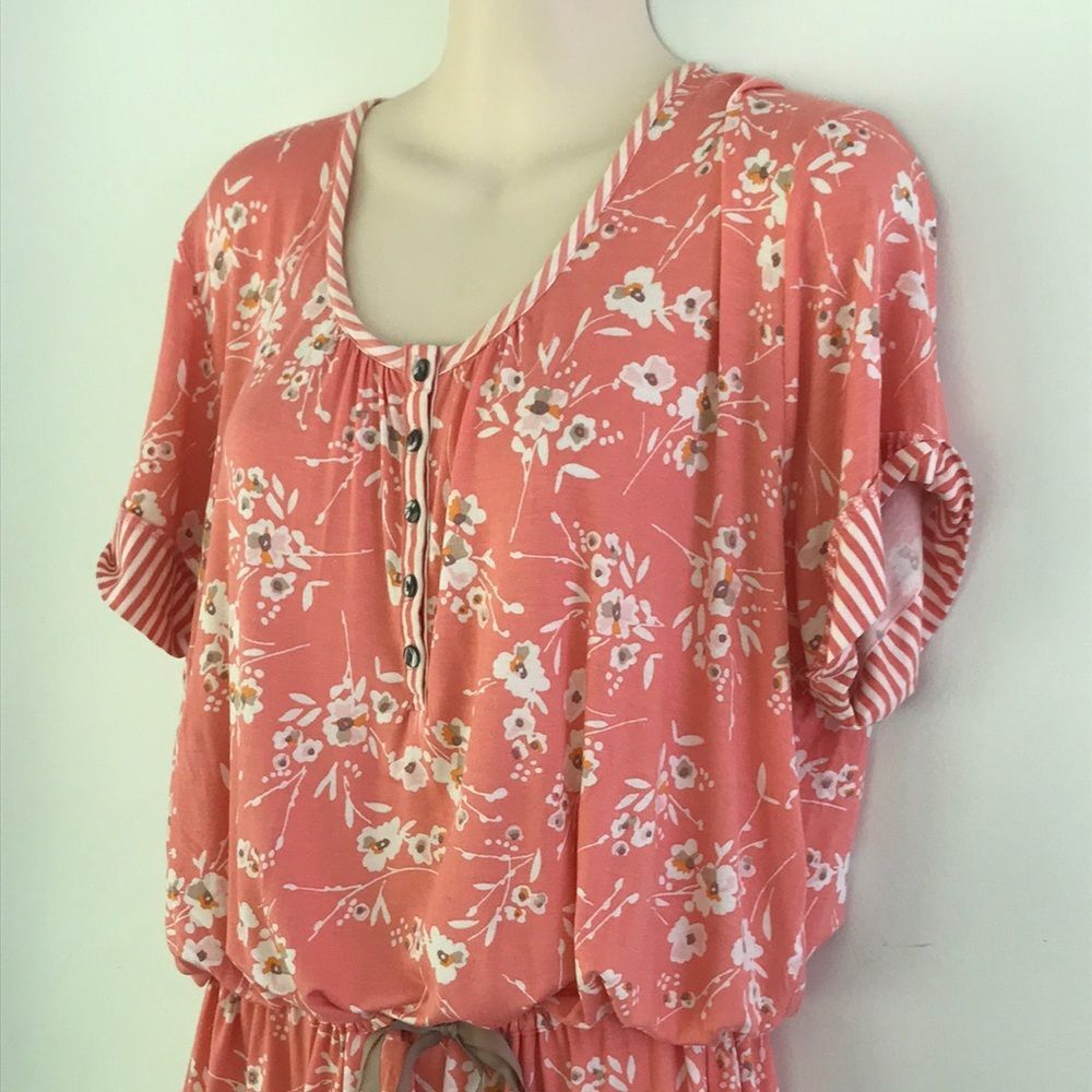 Ellen Tracy Floral Drawstring Waist Coral Comfy Lightweight Summer Dress L - Picture 2 of 8